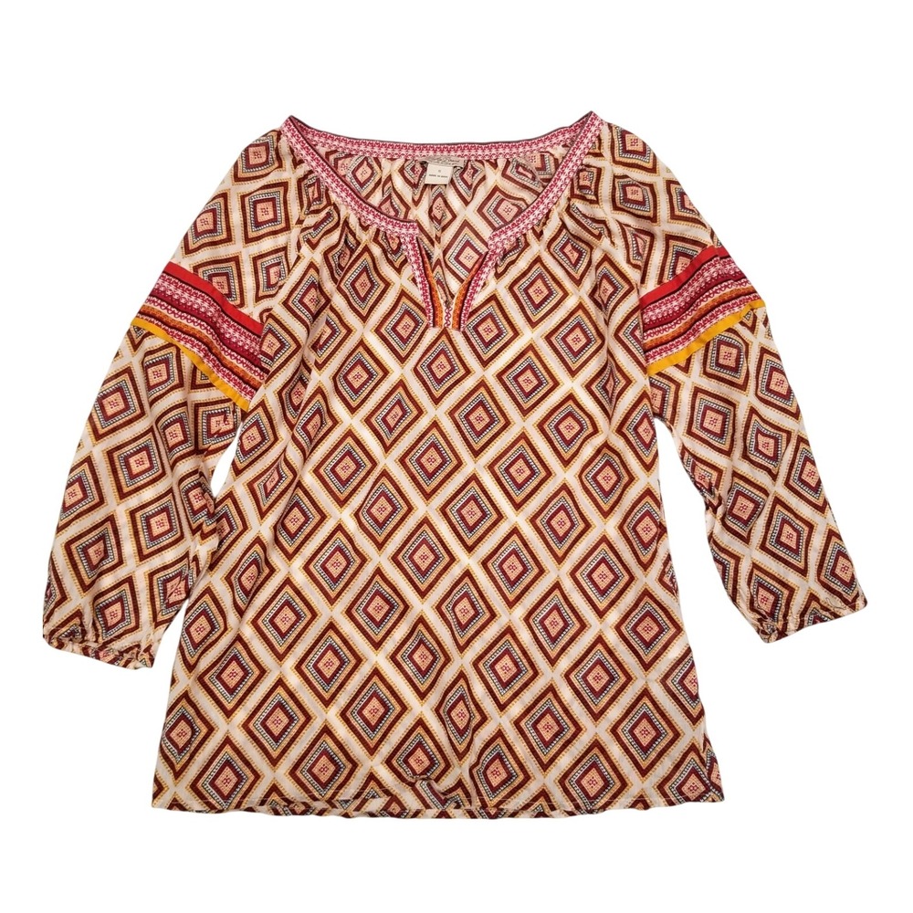 Lucky Brand Diamond‎ Print Peasant Boho Hippie Loose Fit Top Causal sz S
